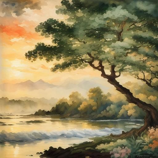 Tranquil Riverside Scene in Impressionist Style