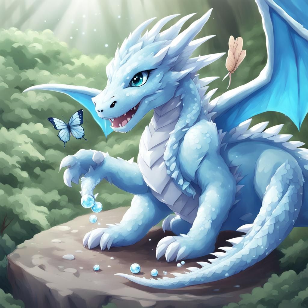 Cute Ice Dragon and Butterfly, Anime Style