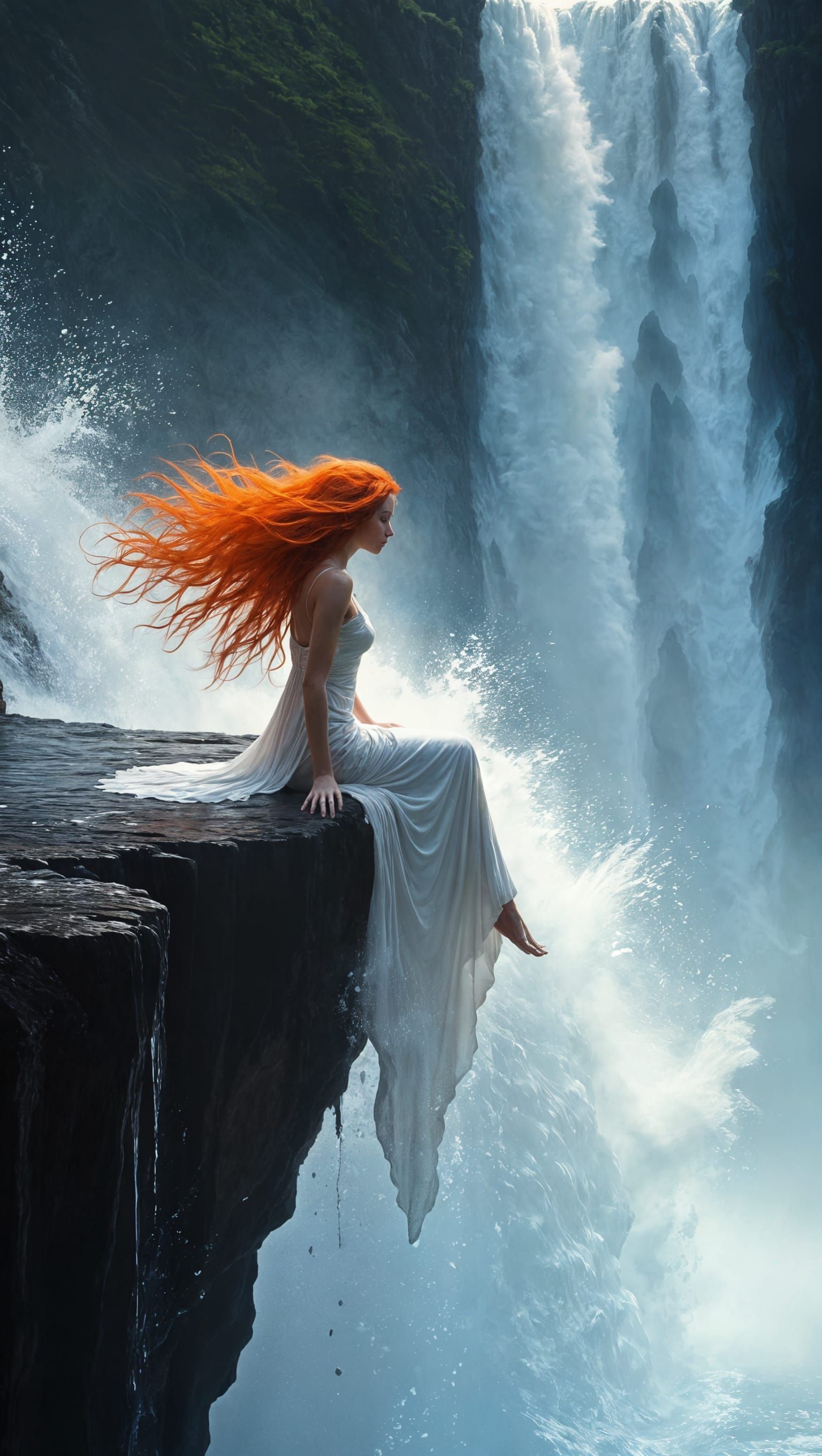 Ethereal Waterfall Goddess with Fiery Hair