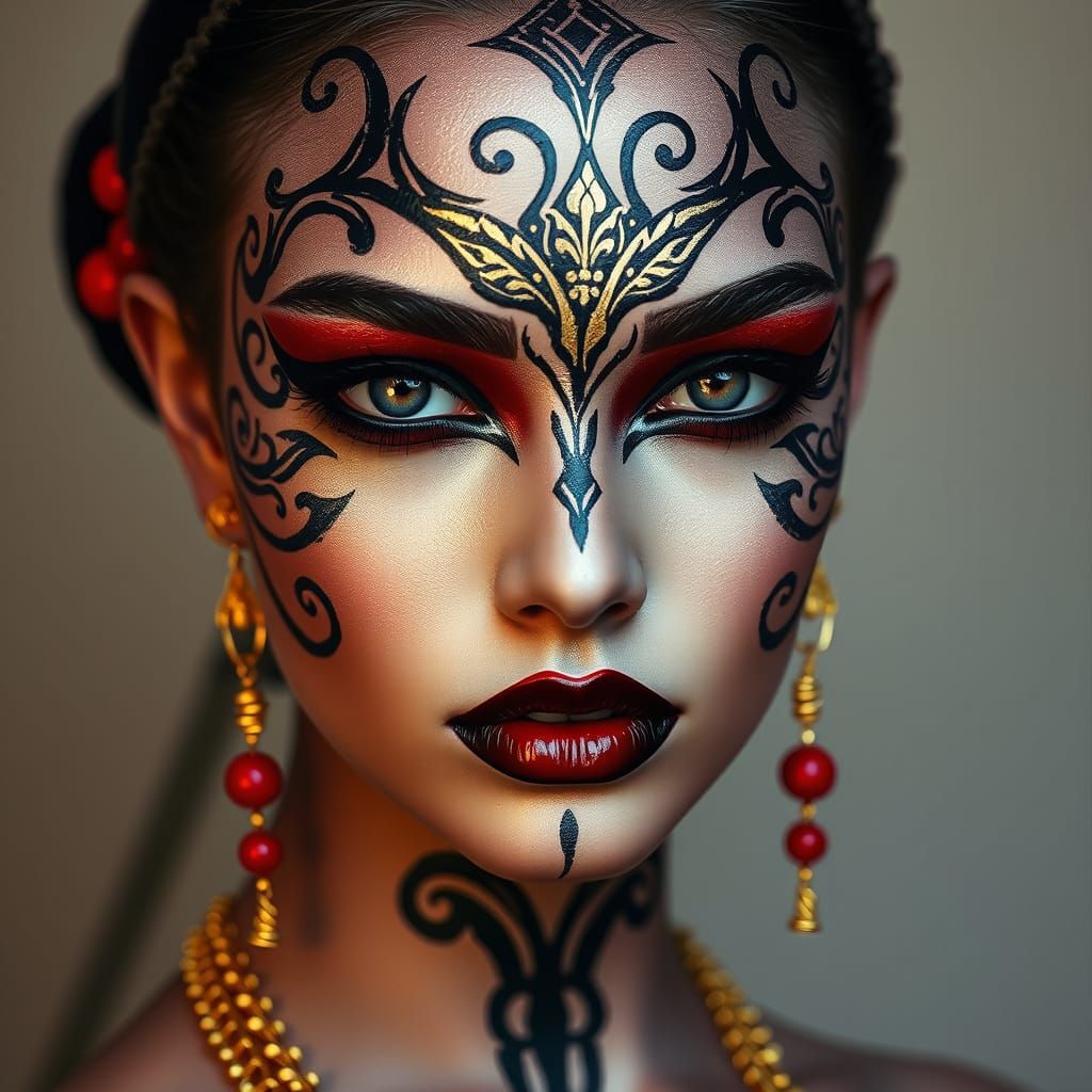 Enigmatic Portrait with Intricate Face Paint in Gold and Red
