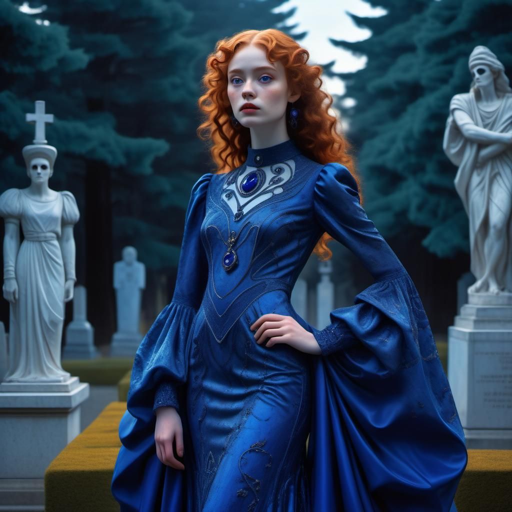 Retrofuturist Woman in Cemetery Inspired by Klimt