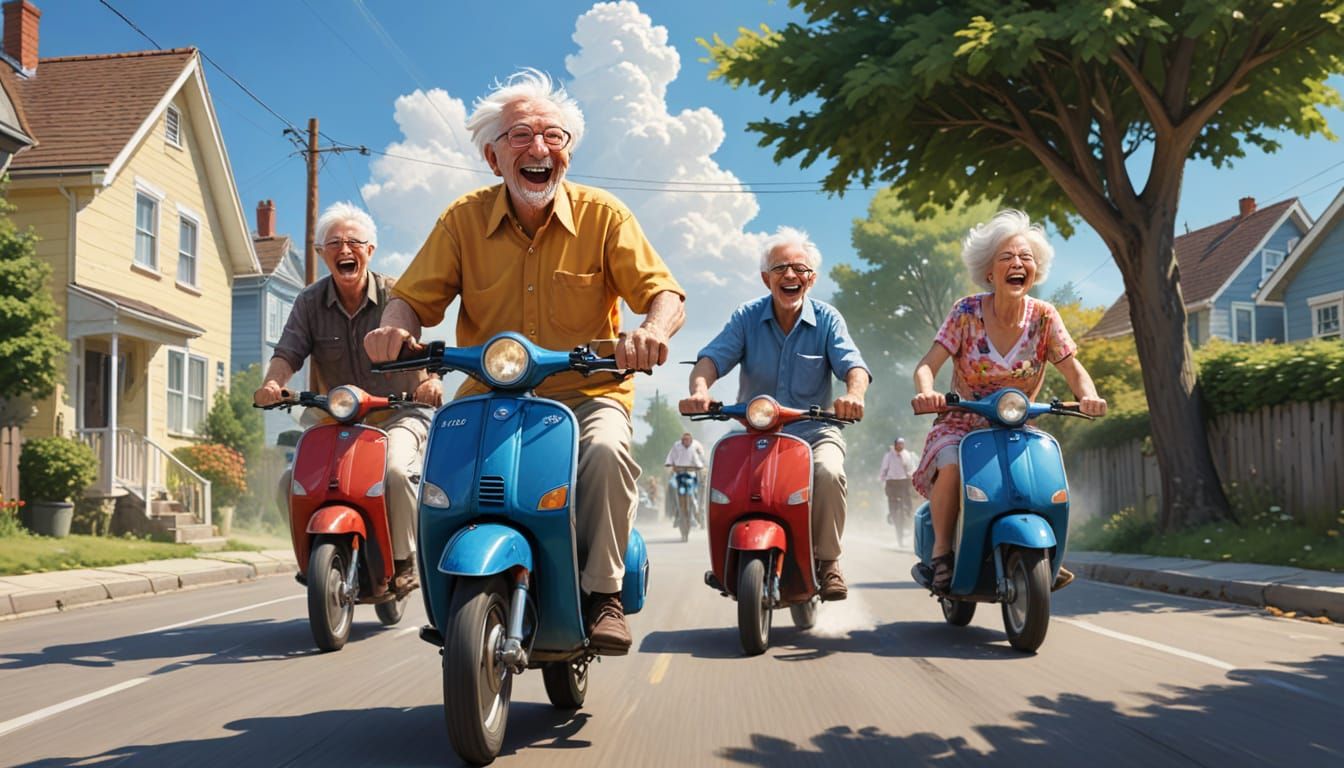 Elderly Scooter Race: A Humorous Cartoon Illustration
