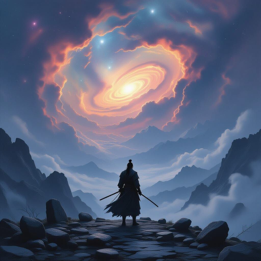 Samurai on Cosmic Peak in Hyperrealistic Matte Style
