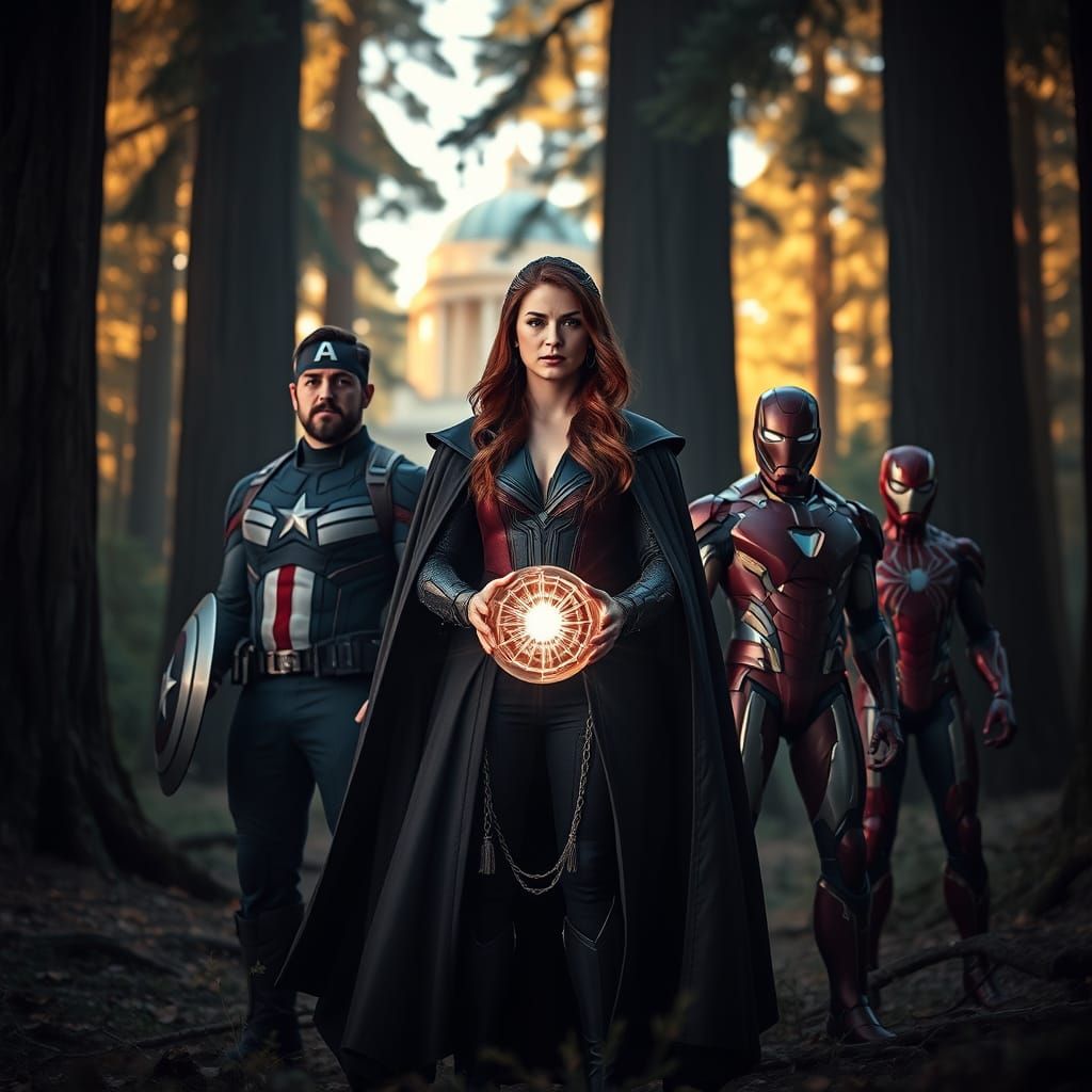 Avengers Gather in Redwood Forest Under Golden Sunset