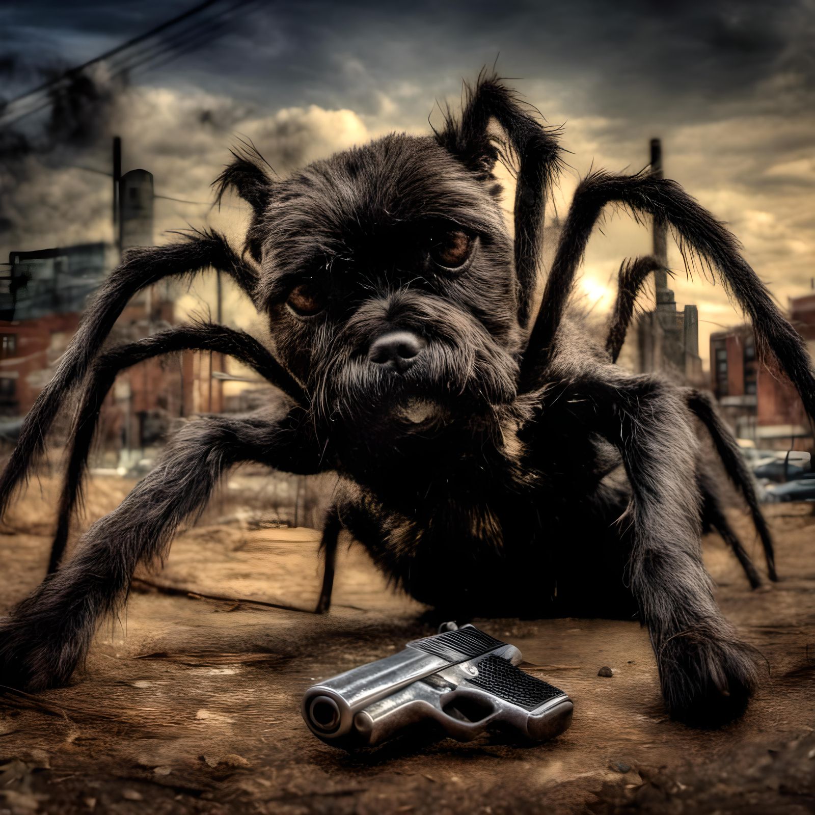Spider-Dog Hybrid Armed in Hyperrealistic Detail
