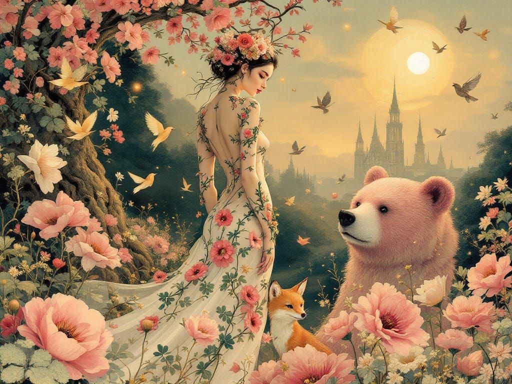 Ethereal Floral Goddess Among Mythical Creatures at Twilight