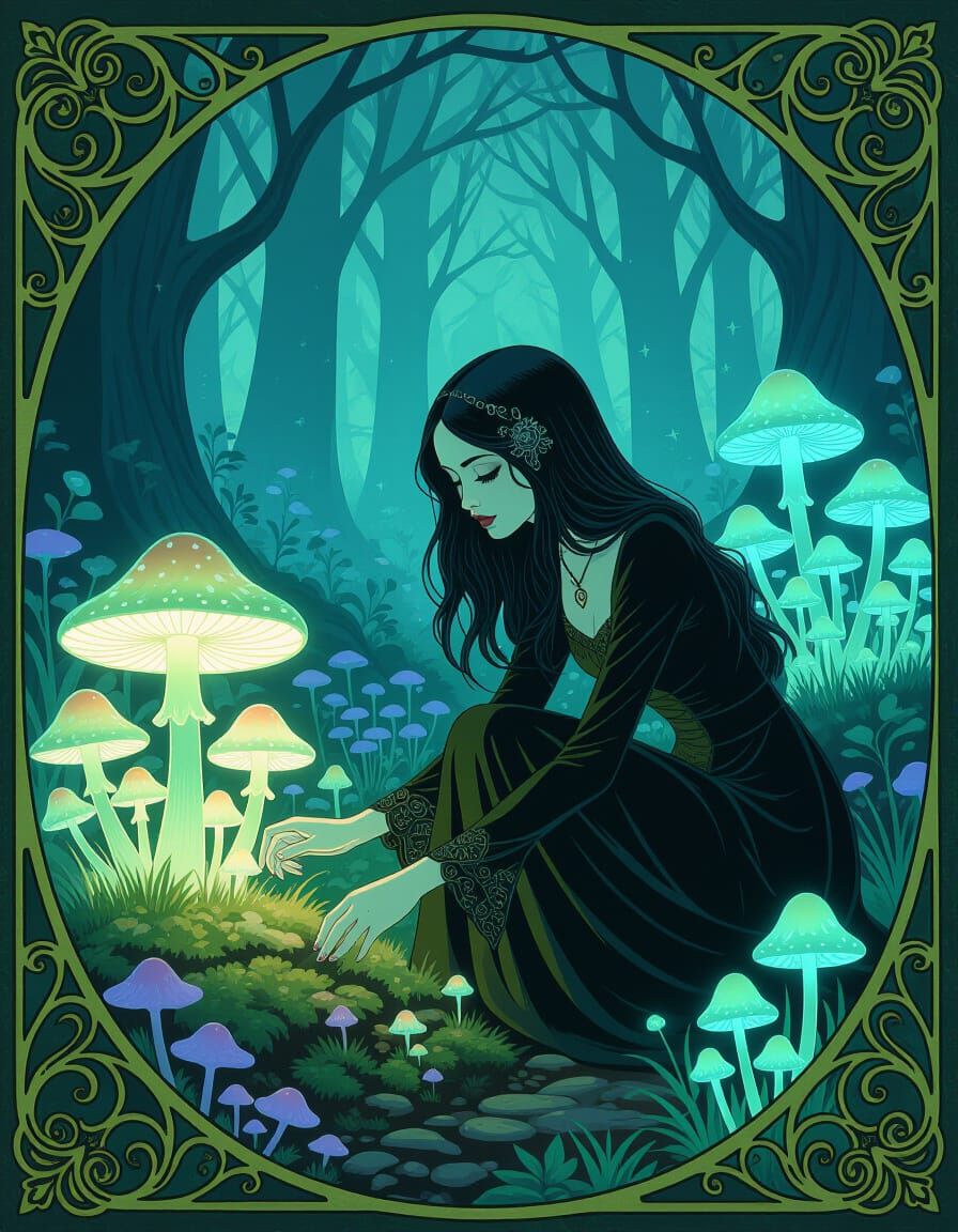 Goth Maiden Tends Ethereal Bioluminescent Mushroom Garden