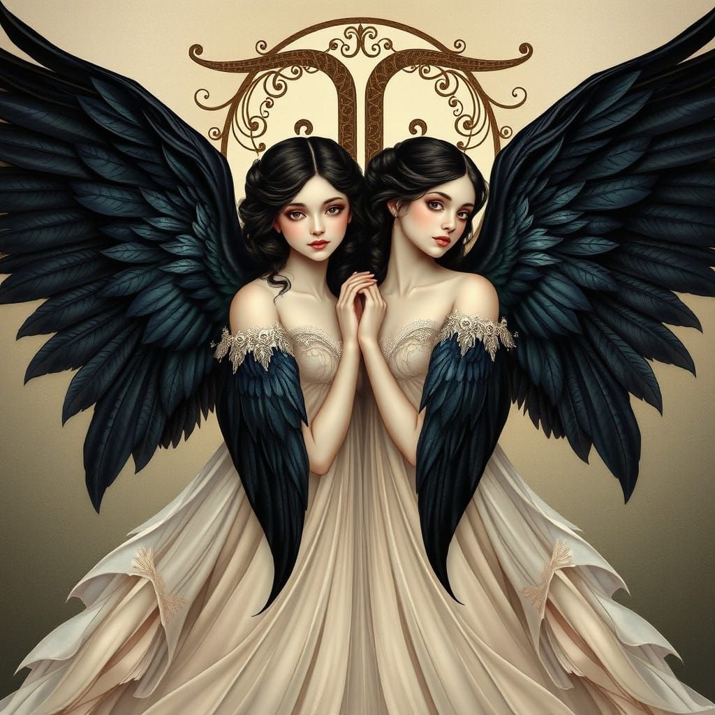 Ethereal Art Nouveau Portrait of Twin Sisters with Raven Win...