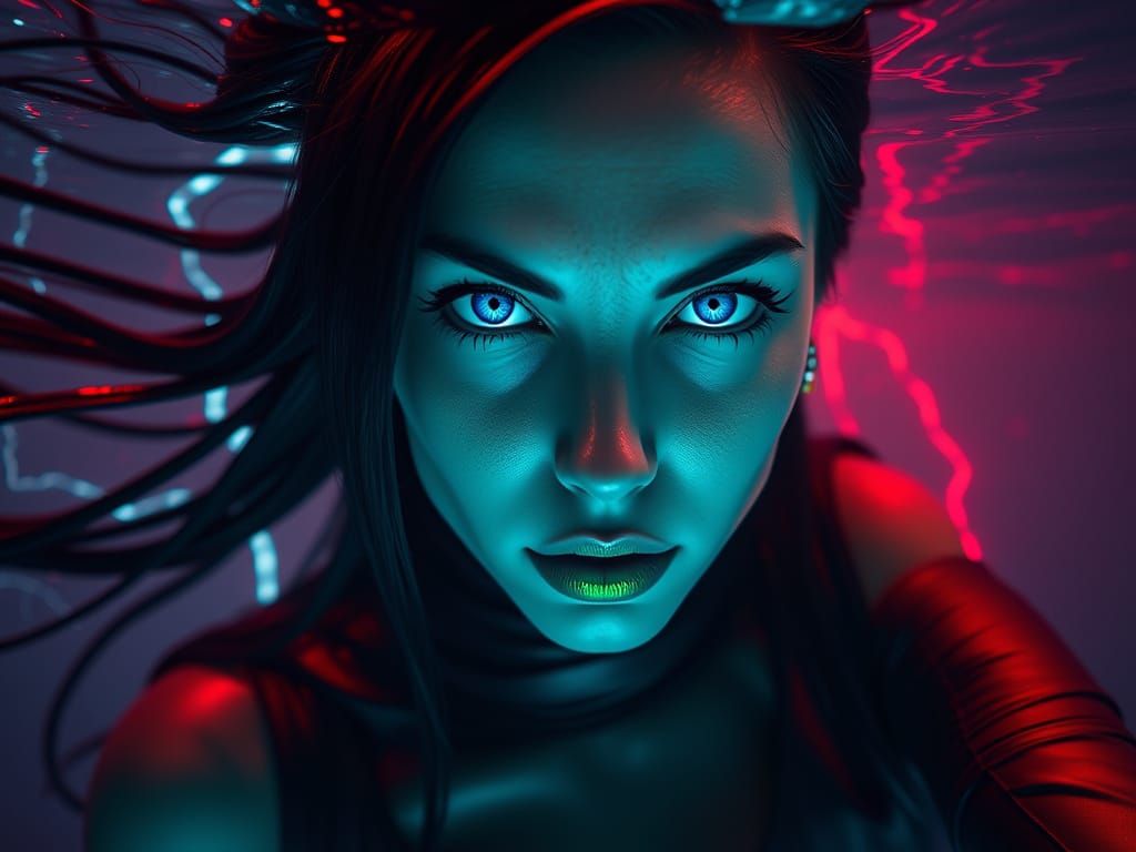 Surreal Cyberpunk Goddess in High-Tech Leather Suit with Glo...