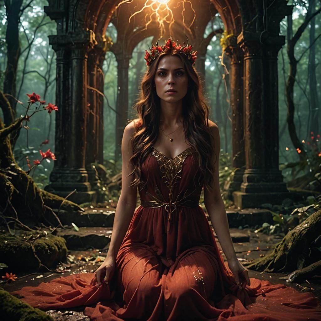 Ancient Priestess in Bioluminescent Forest Temple