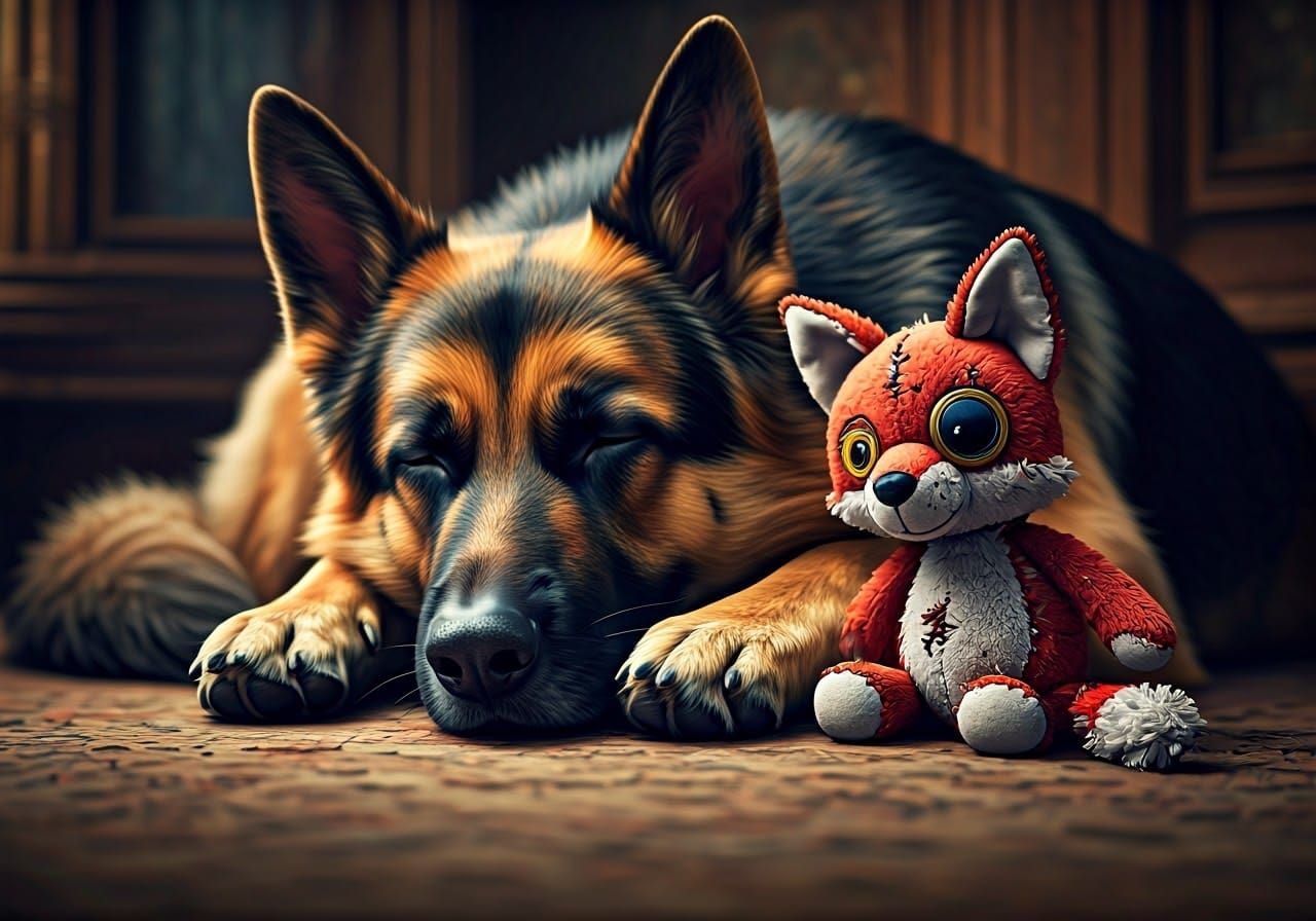 Peaceful German Shepherd with Ragged Fox Toy