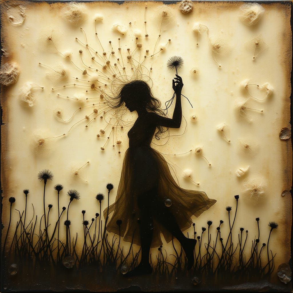 Shadowy Figure Weaving Dandelion Fluff: Fractal Art