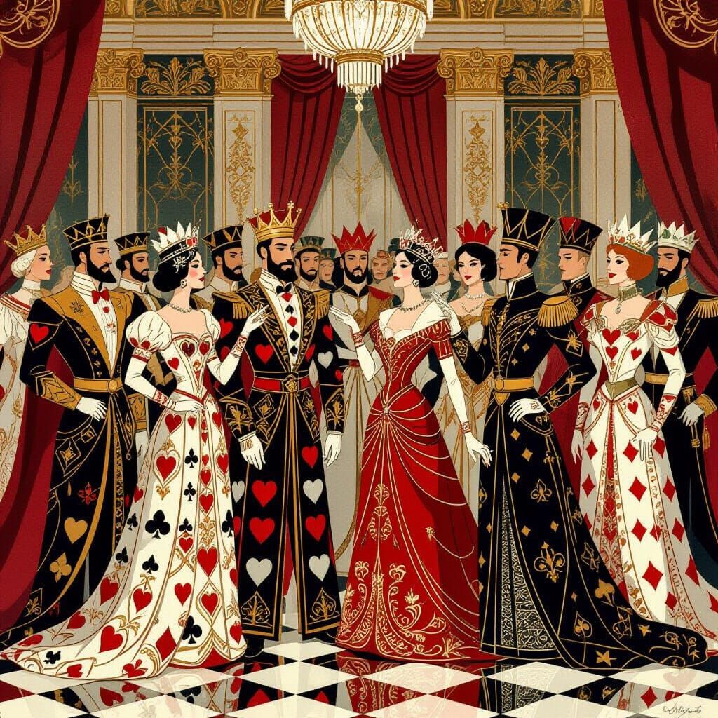 Art Deco Playing Card Royal Court in Gold and Crimson