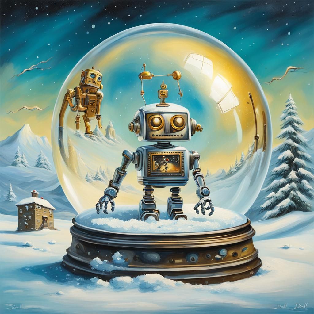 Robots Playing Music in Infinite Snow Globes