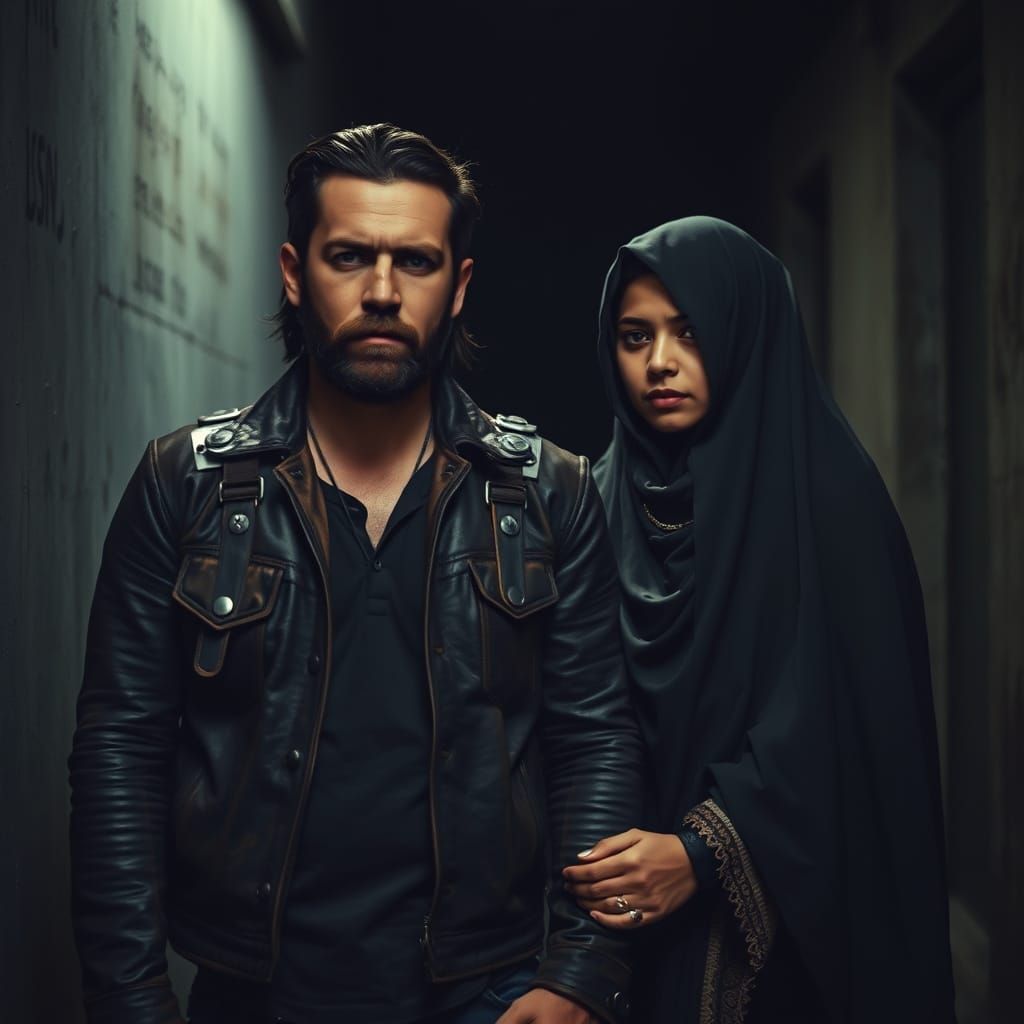 Biker and Muslim Girl in Desolate Alleyway - Cinematic Film ...