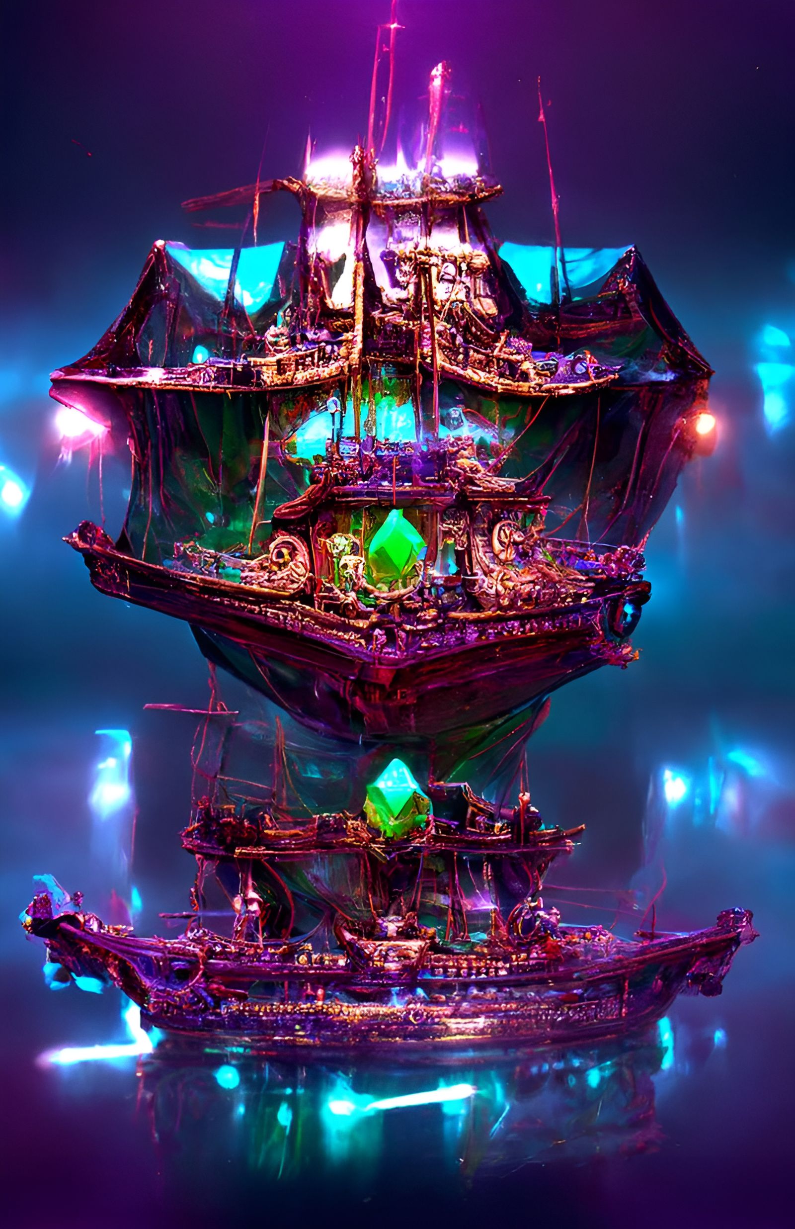Jade Hologram Pirate Ship on Misty Sea