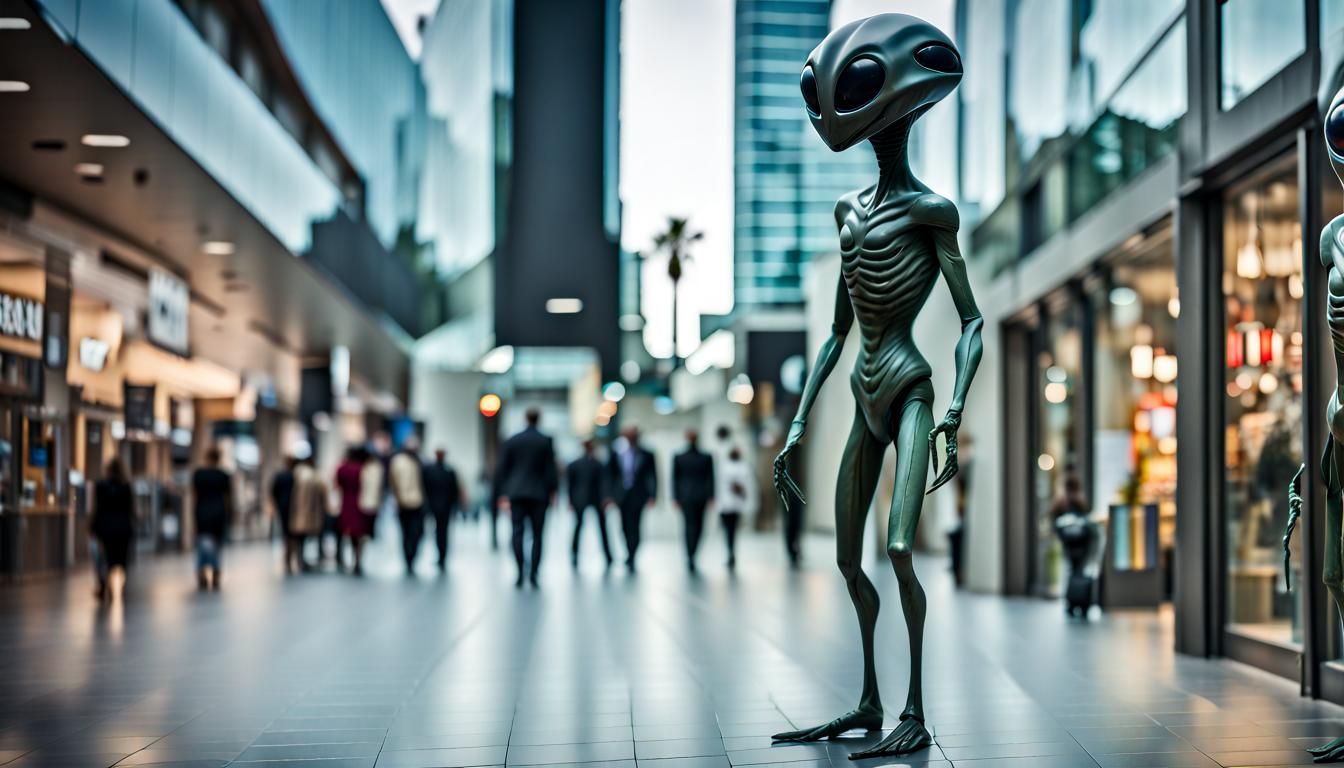 Tall alien creature walking outside of the the city mall,blu...