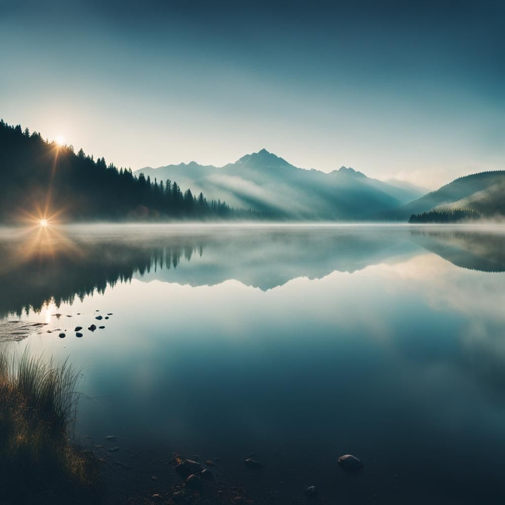 Serene Lake and Misty Mountains: Cinematic Film Still