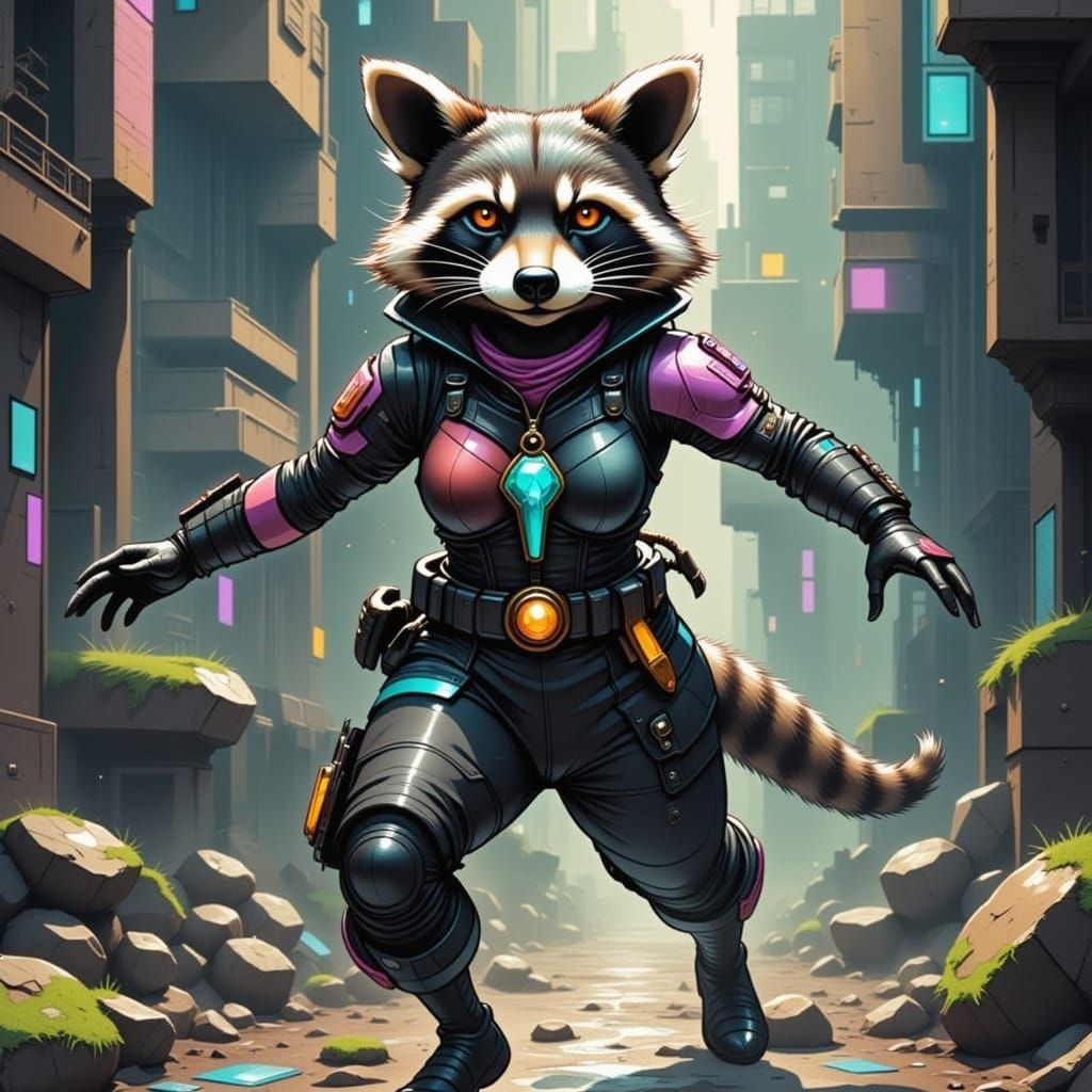A raccoon superhero in an armored black super suit with metal claws, chasing down a fleeing jewel thief.<lora:Caffeinate...