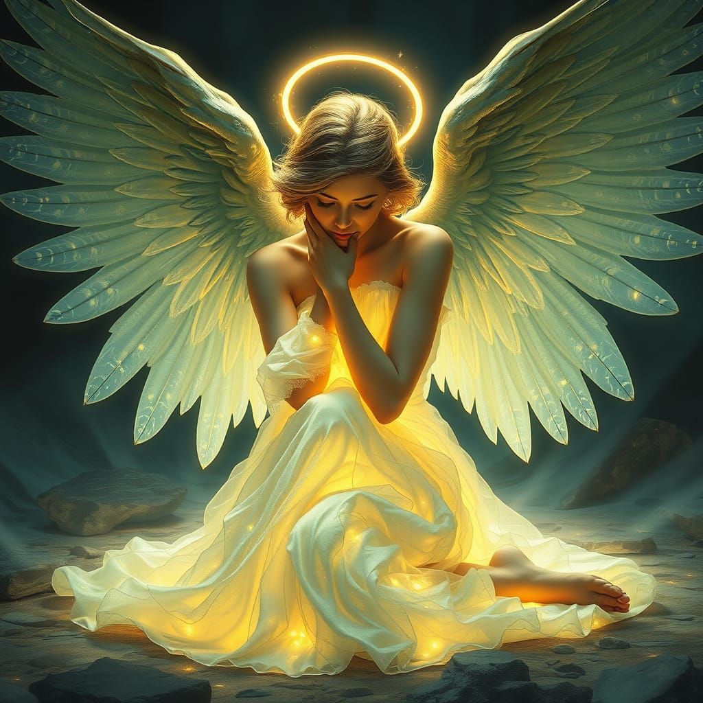 Ethereal Angel Hides Behind Closed Wings