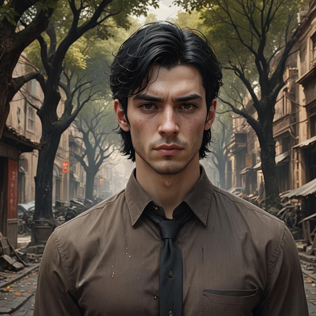 Introspective Young Man Portrait in Detailed Matte Painting