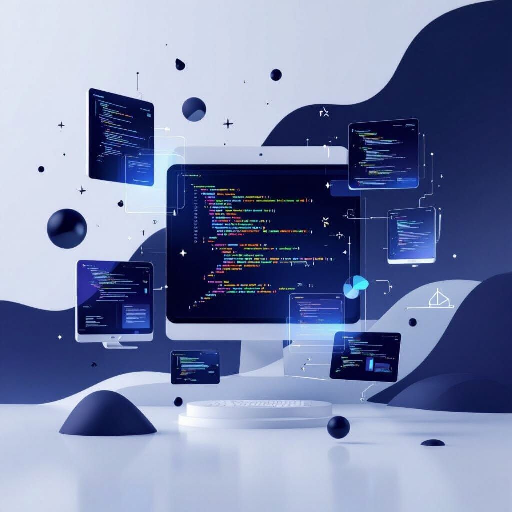 3D Web Developer with Holographic Code in Minimalist Style