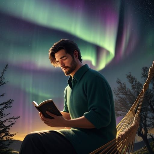 Man Reading in Hammock Under Aurora Borealis
