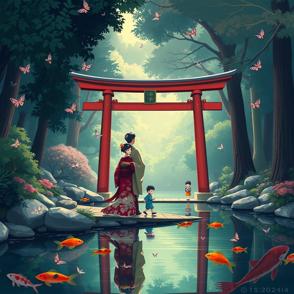 Serene Geisha Couple in Traditional Japanese Attire Under a....