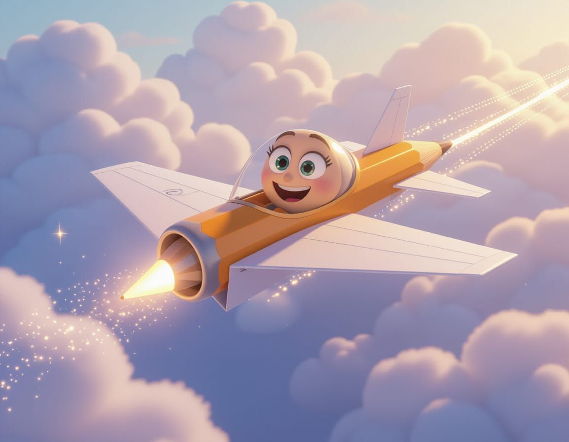 Cartoon Pencil Takes Flight in Paper Airplane, Pixar Style