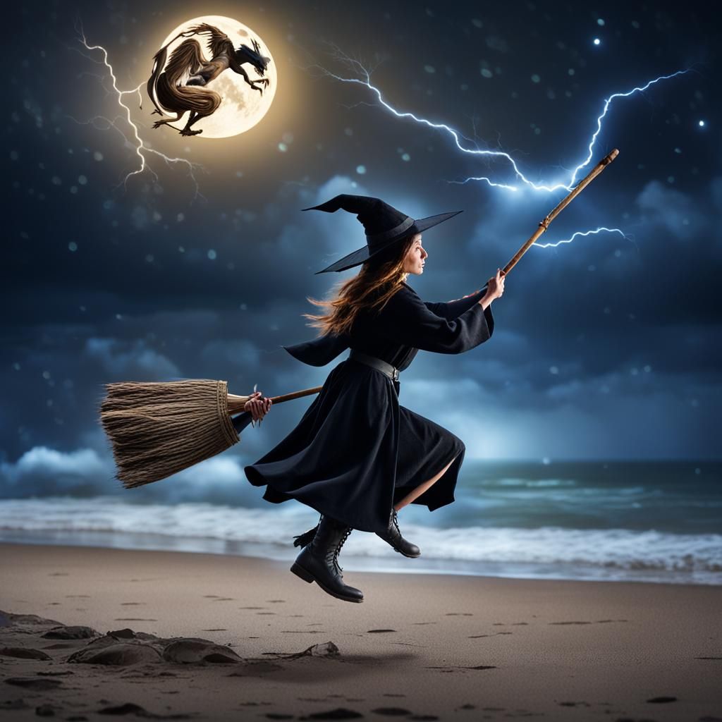 Witch on Broomstick Flying Over Beach at Night
