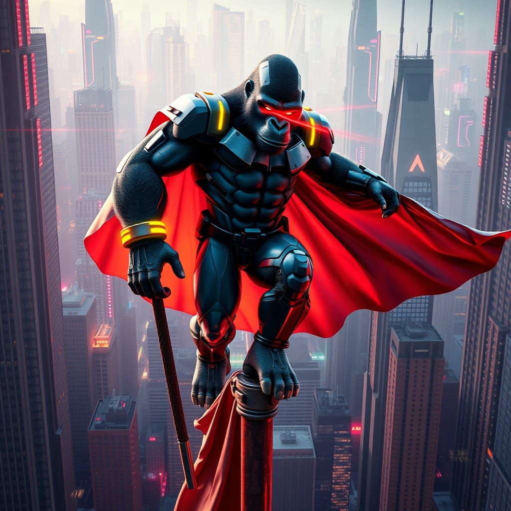 Cyberpunk-Style Gorilla Hero Stands on Flagpole, Surrounded...