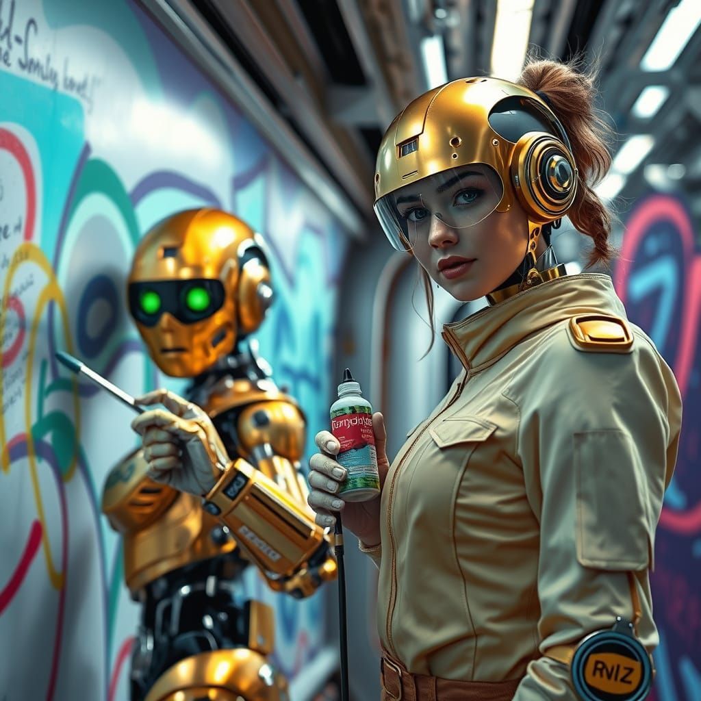 Graffiti Artists and Golden Robot Paint a Galaxy Shuttle