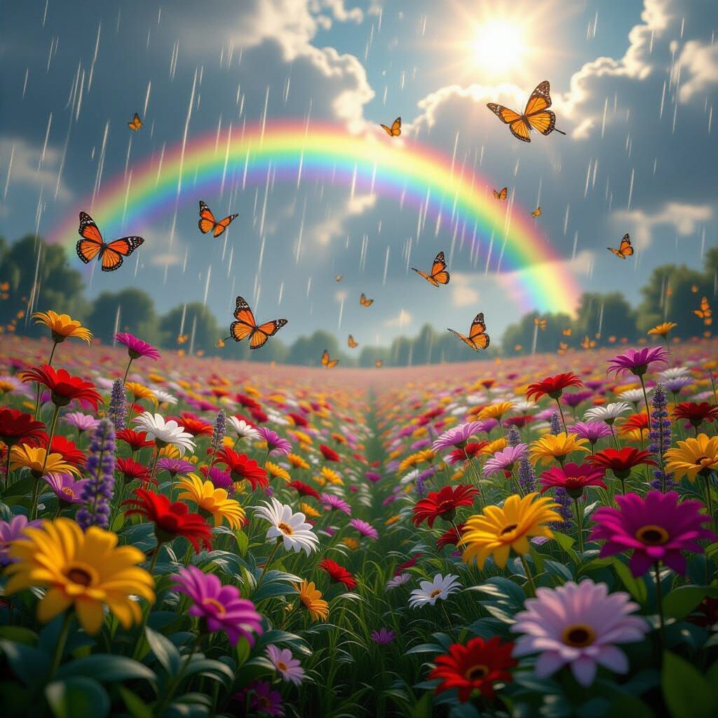 Vivid Flower Garden with Butterflies Under Rainbow Rain