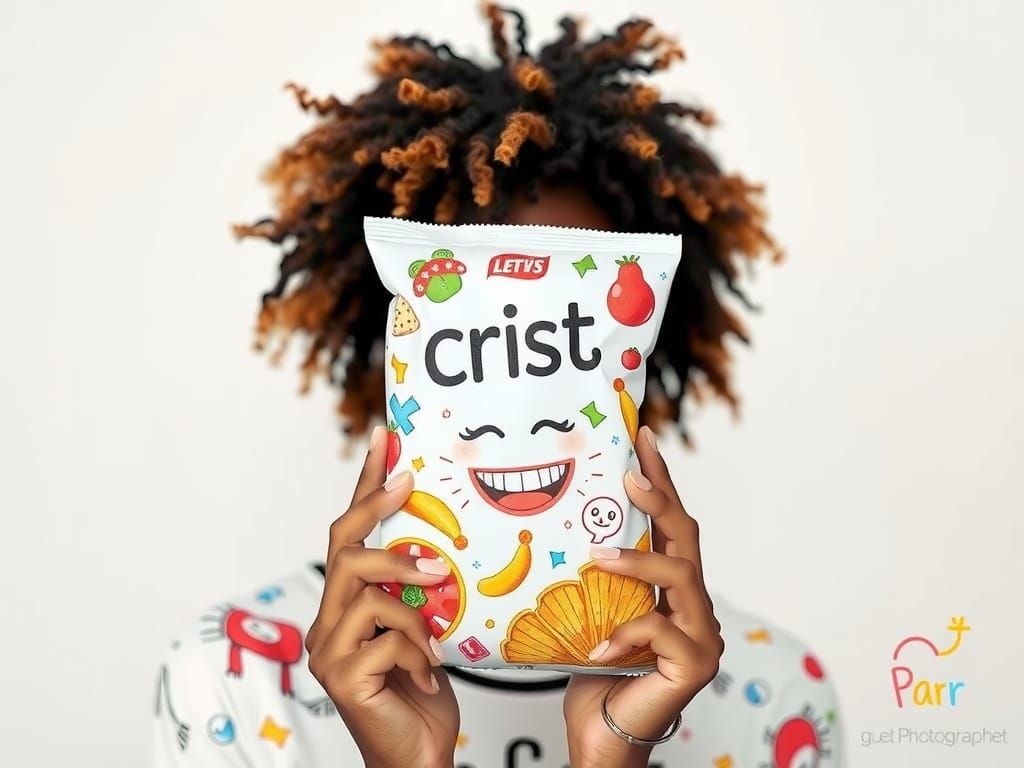 Smiling Woman Holds Food Package, Whimsical Art Style