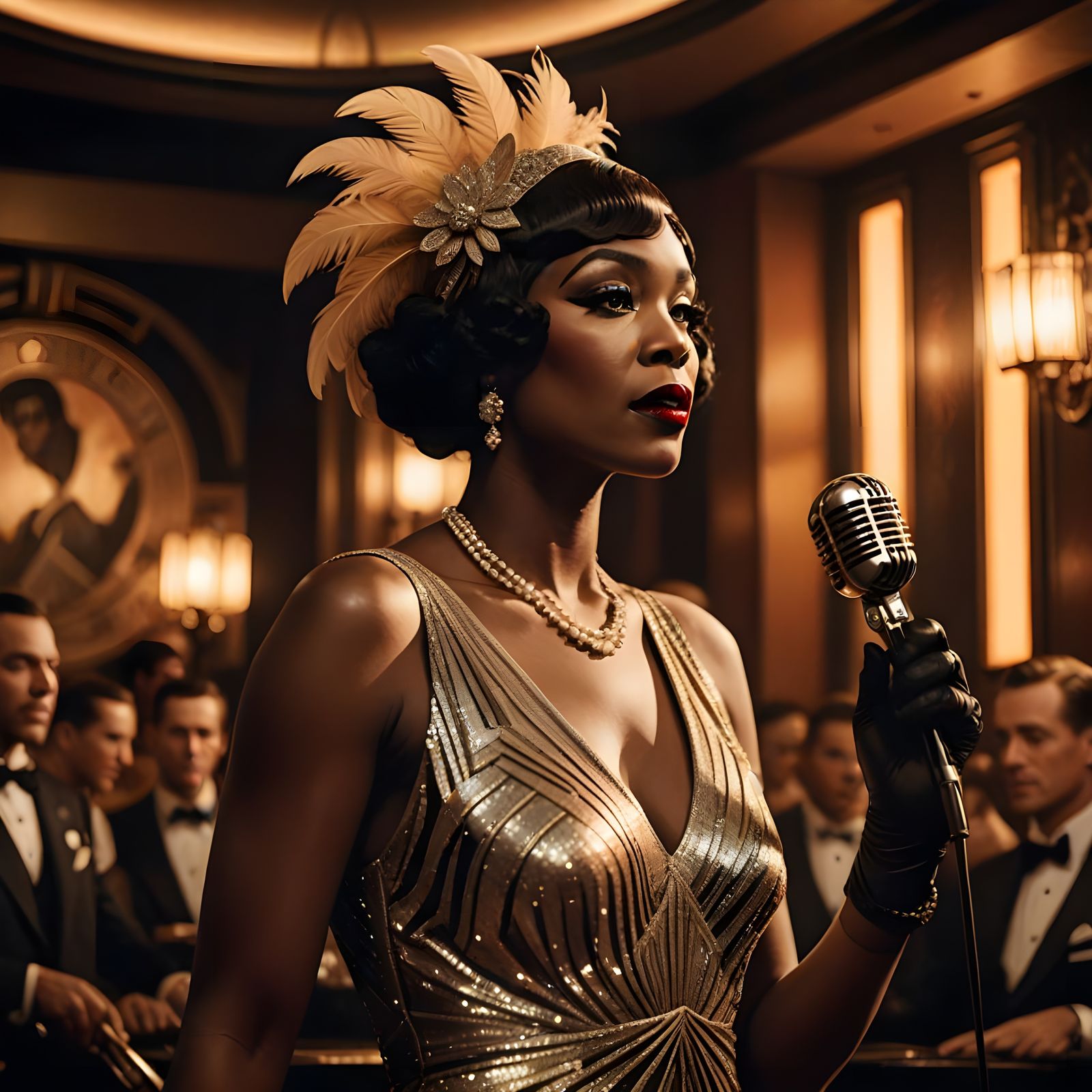 Glamorous Jazz Singer in 1920s Speakeasy