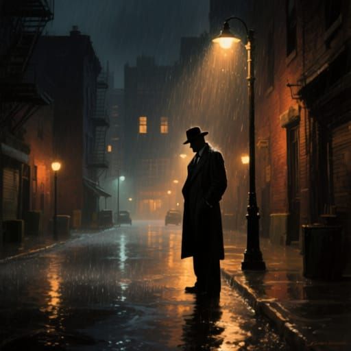 Detective in Rainy City Slum at Night