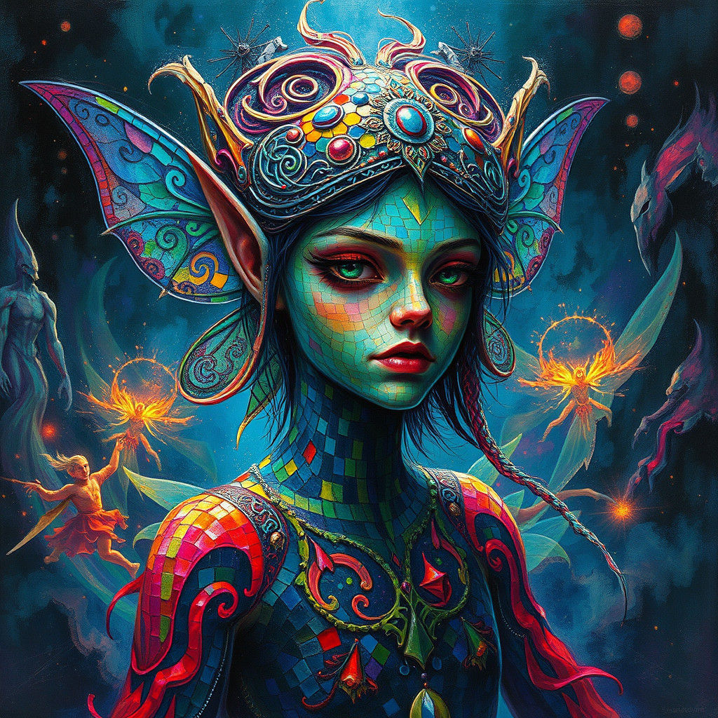 Mosaic Fairy Elf in Fluorescent Impasto Style