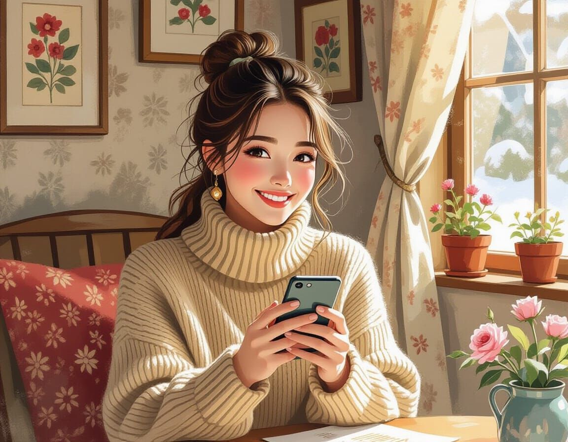 Person Smiling with Phone in Beatrix Potter Style