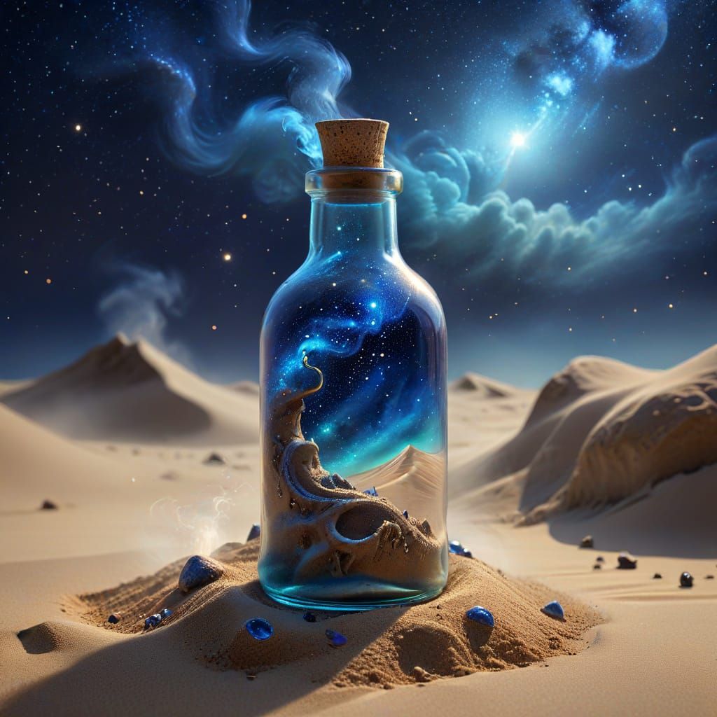 Djinn Emerges from Bottle on Beach in Fantasy Art