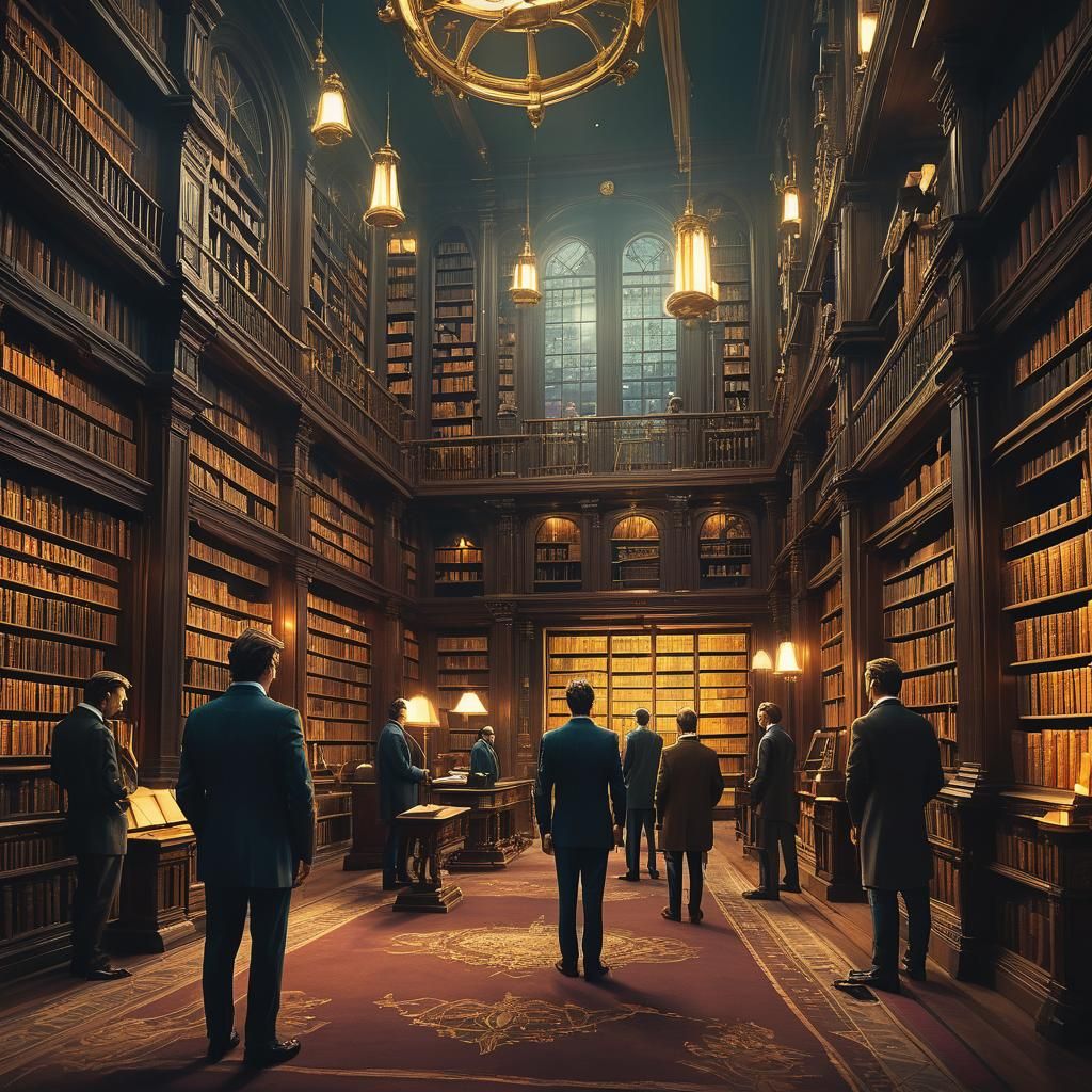 Men in Suits in Mystical Library: Fantasy Art