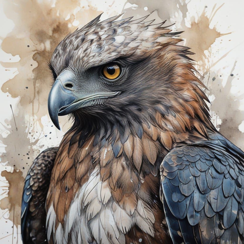 Martial Eagle Portrait in Watercolor and Ink