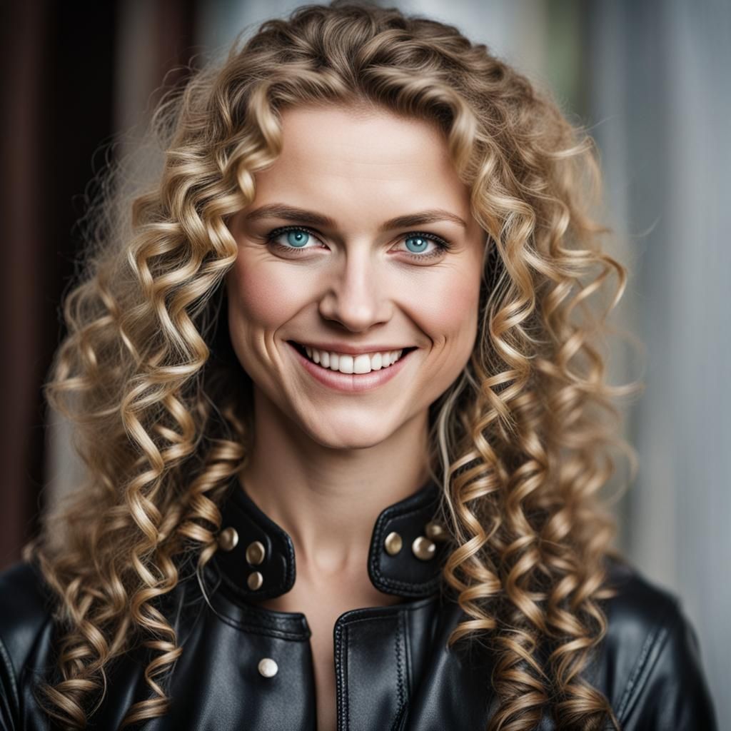 Smiling Woman with Blue Eyes and Leather Outfit