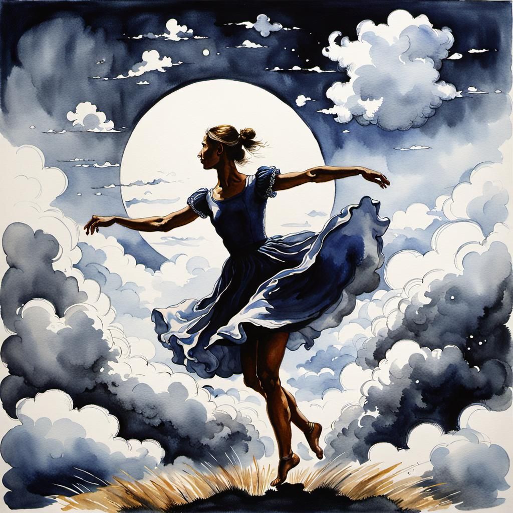 Dancing Figure Amidst Clouds in Realistic Style