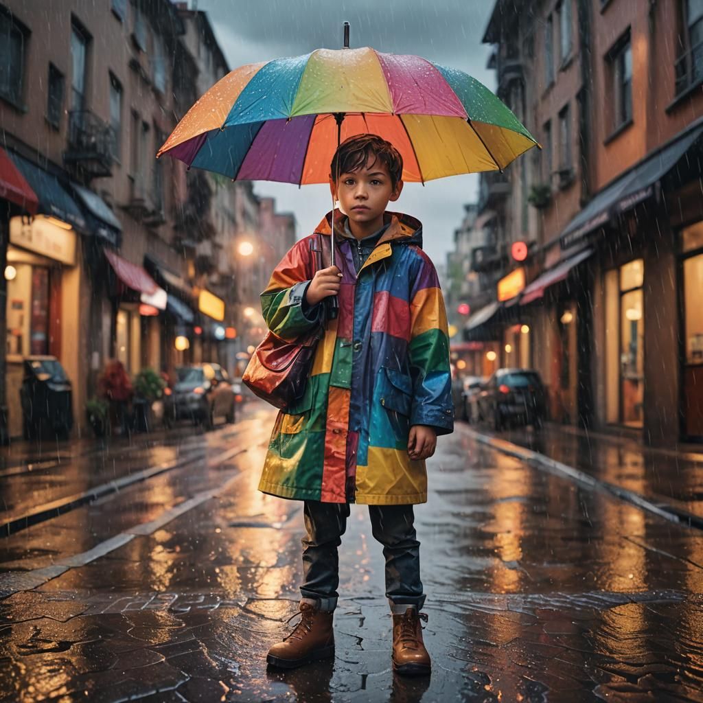 Child with Umbrella in Rain, Digital Art