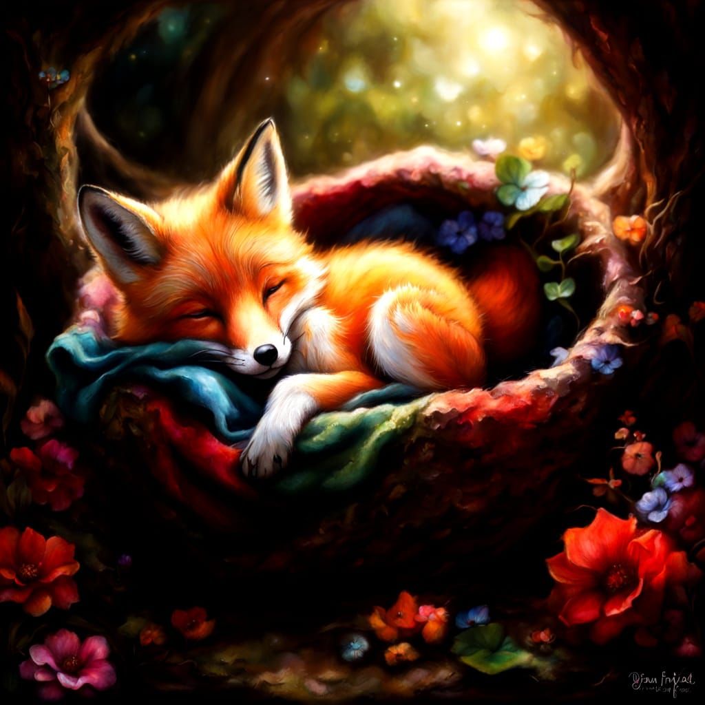 Sleeping Fox Cub in Cozy Den: Whimsical Art