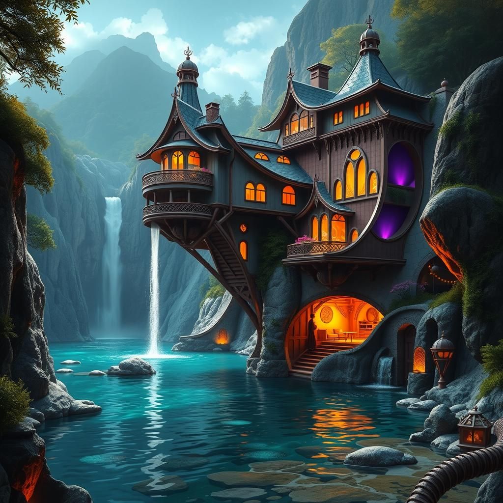 Majestic Cliffside House with Waterfall in Art Nouveau Style