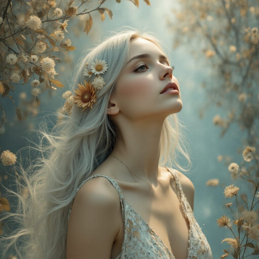 Surreal Portrait of a Woman with Silver Hair and Floral Patt...