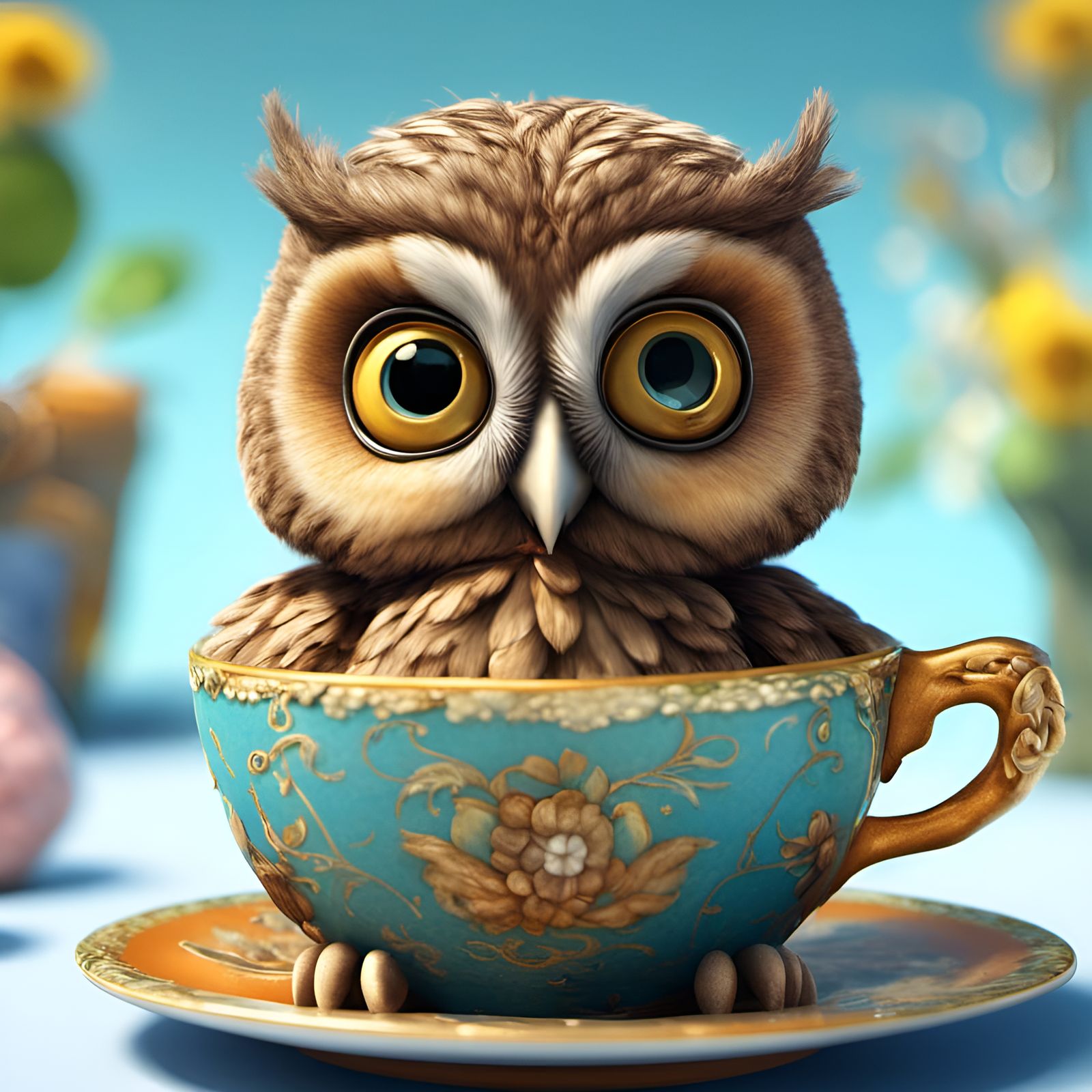 Adorable Baby Owl in Teacup: 3D Render