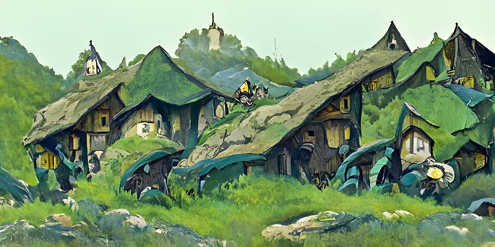 Hidden Medieval Village in Ghibli Hills, Aquarelle Illustrat...