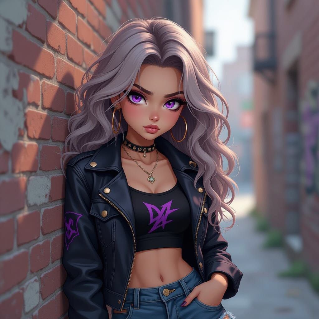 Emo Teen Girl in Alleyway, Cartoon Style